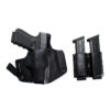 Black leather IWB holster with gun and dual magazine pouch, handcrafted concealed carry holsters, USA made.