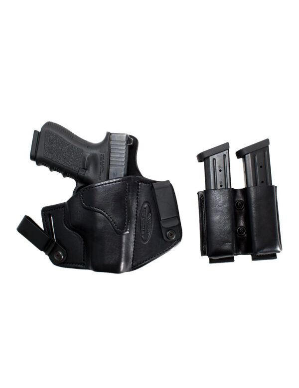 Black leather IWB holster with gun and dual magazine pouch, handcrafted concealed carry holsters, USA made.