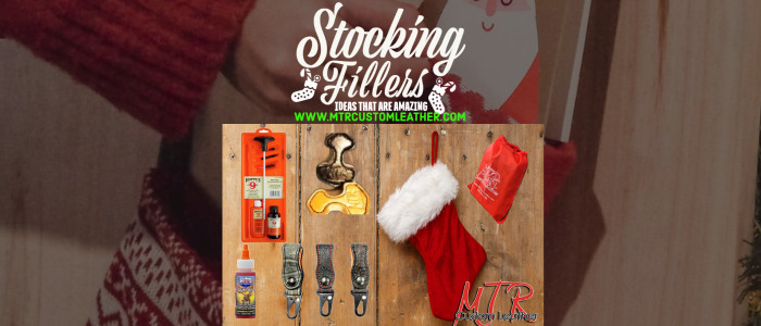 STOCKING STUFFERS banner "Stocking fillers with custom leather holsters, leather accessories, and handcrafted goods by MTR Custom Leather."